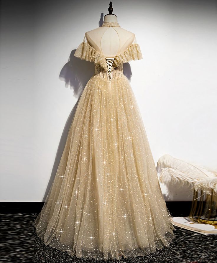 Gold Tulle Sequin Long Prom Dress, Gold Tulle Bridesmaid Dress    fg4089 - Image 2