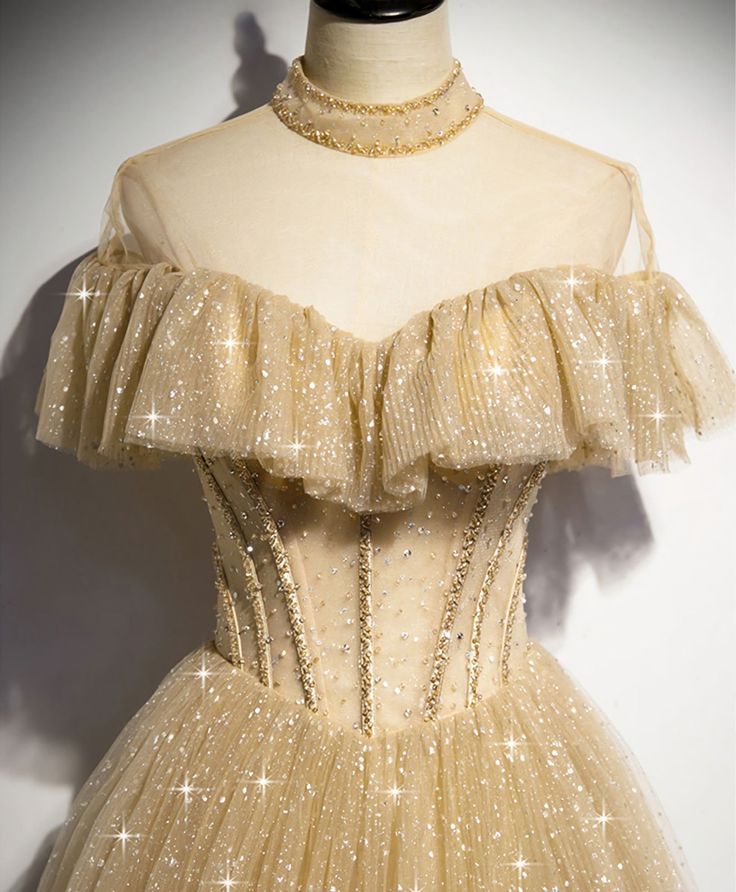 Gold Tulle Sequin Long Prom Dress, Gold Tulle Bridesmaid Dress    fg4089 - Image 3