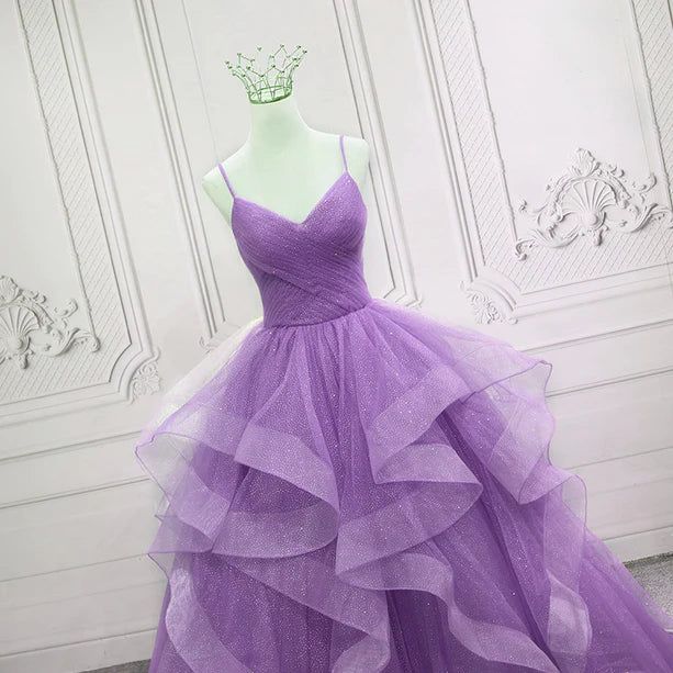 Gorgeous Purple Straps Layers Tulle V-neckline Long Evening Dress, Light Purple Prom Dresses fg4168 - Image 3
