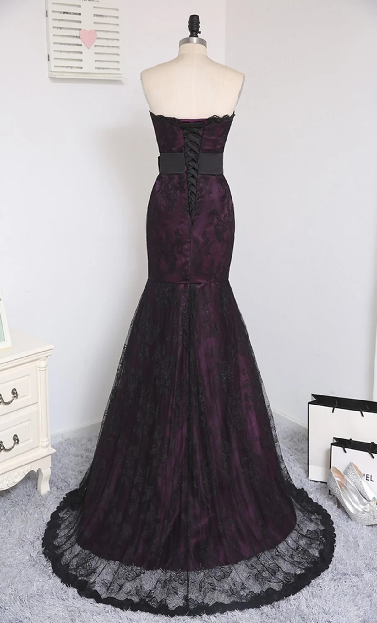 Gothic Purple and Black Lace Mermaid Prom Gown, Strapless Floor-Length Party Dress Evening Dress fg8734 - Image 2