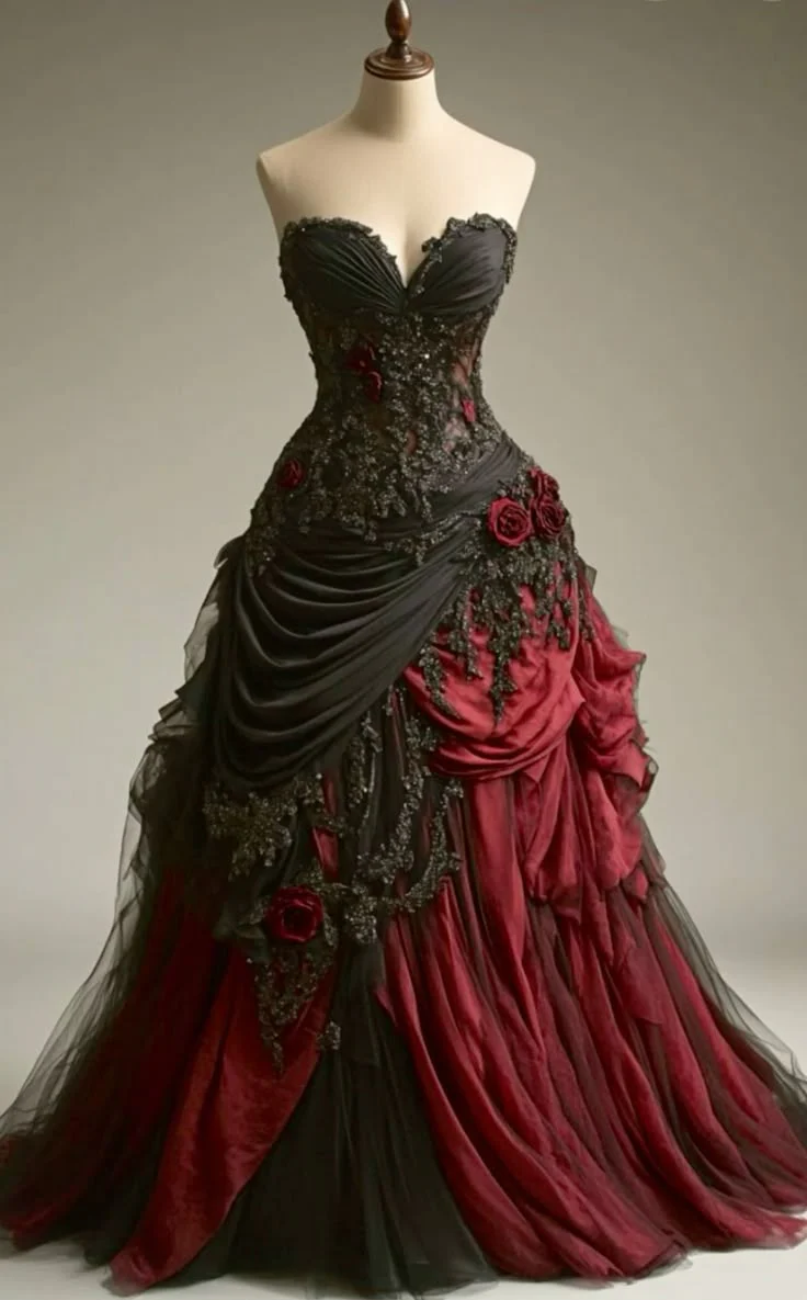 Gothic Victorian Wedding Dress, Pleated Floral Rose 3D Custom Black Burgundy Gown fg7493