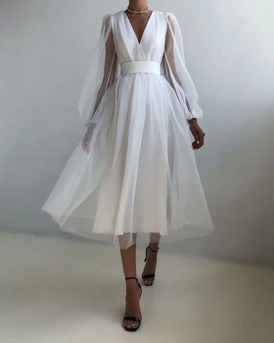 Graduation dress Short A Line Prom Dresses V Neck Long Puff Sleeve Tulle Formal Wedding Evening Party Dresses For Graduation fg2856