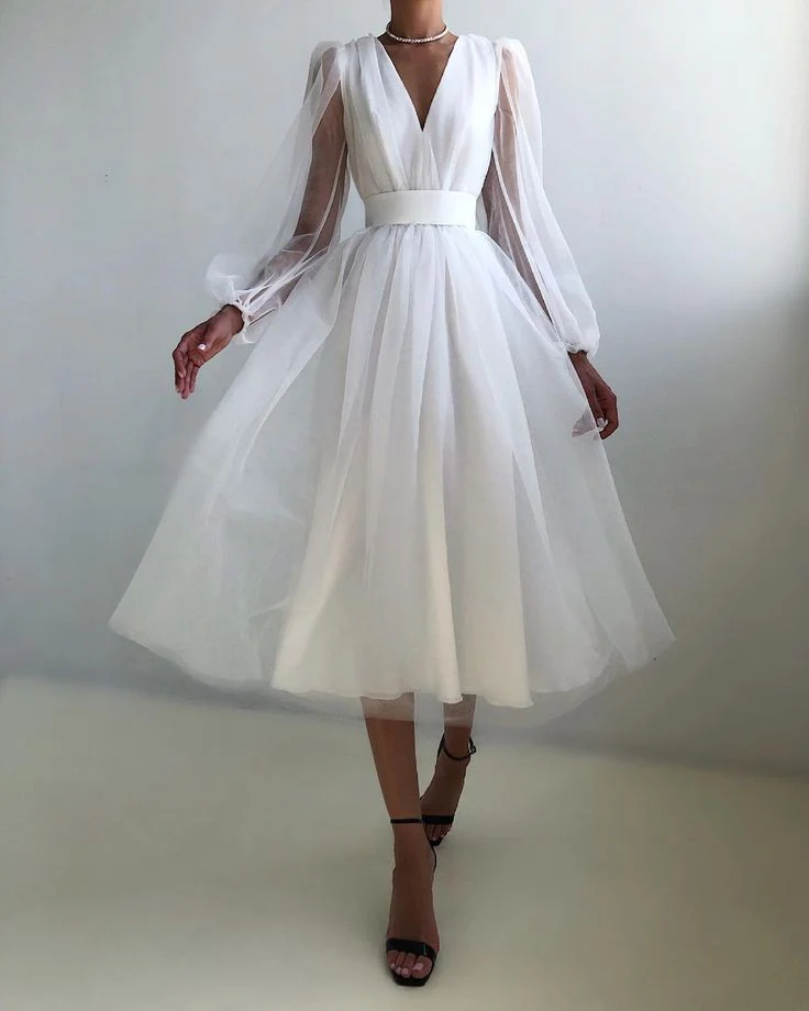 Graduation dress Short A Line Prom Dresses V Neck Long Puff Sleeve Tulle Formal Wedding Evening Party Dresses For Graduation fg2856 - Image 2
