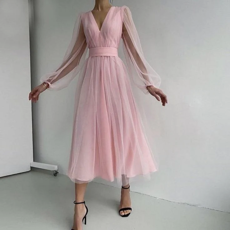 Graduation dress Short A Line Prom Dresses V Neck Long Puff Sleeve Tulle Formal Wedding Evening Party Dresses For Graduation fg2856 - Image 3
