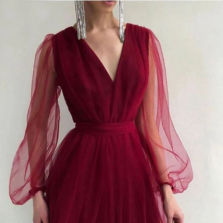 Graduation dress Short A Line Prom Dresses V Neck Long Puff Sleeve Tulle Formal Wedding Evening Party Dresses For Graduation fg2856 - Image 4