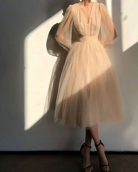 Graduation dress Short A Line Prom Dresses V Neck Long Puff Sleeve Tulle Formal Wedding Evening Party Dresses For Graduation fg2856 - Image 5