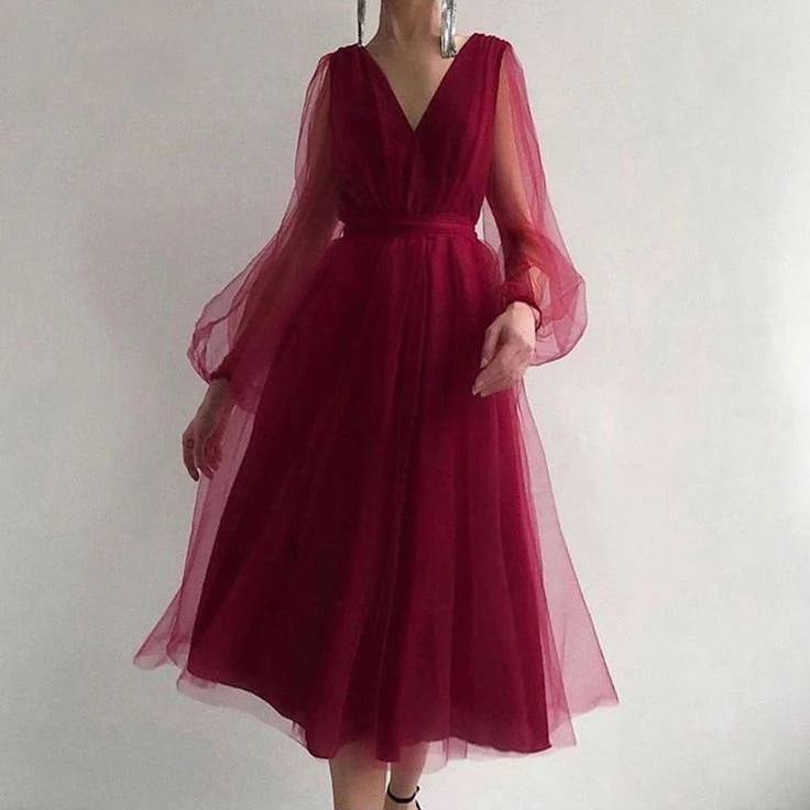 Graduation dress Short A Line Prom Dresses V Neck Long Puff Sleeve Tulle Formal Wedding Evening Party Dresses For Graduation fg2856 - Image 6