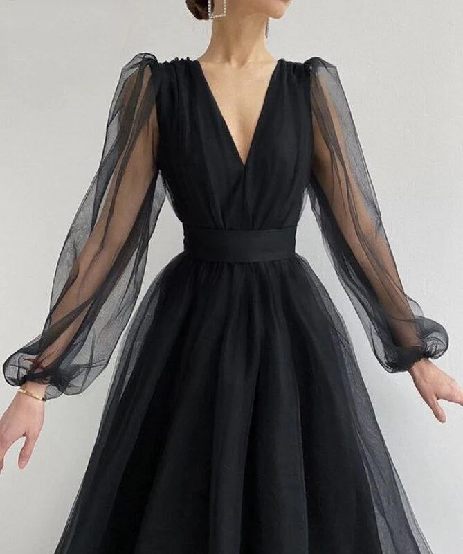 Graduation dress Short A Line Prom Dresses V Neck Long Puff Sleeve Tulle Formal Wedding Evening Party Dresses For Graduation fg2856 - Image 7