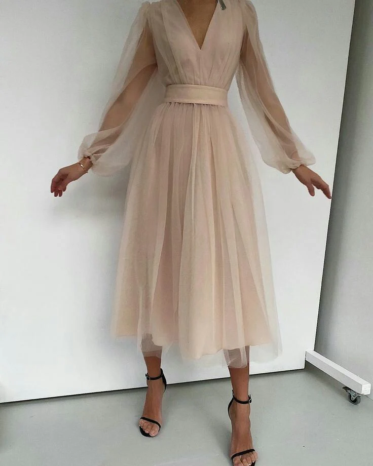 Graduation dress Short A Line Prom Dresses V Neck Long Puff Sleeve Tulle Formal Wedding Evening Party Dresses For Graduation fg2856 - Image 9
