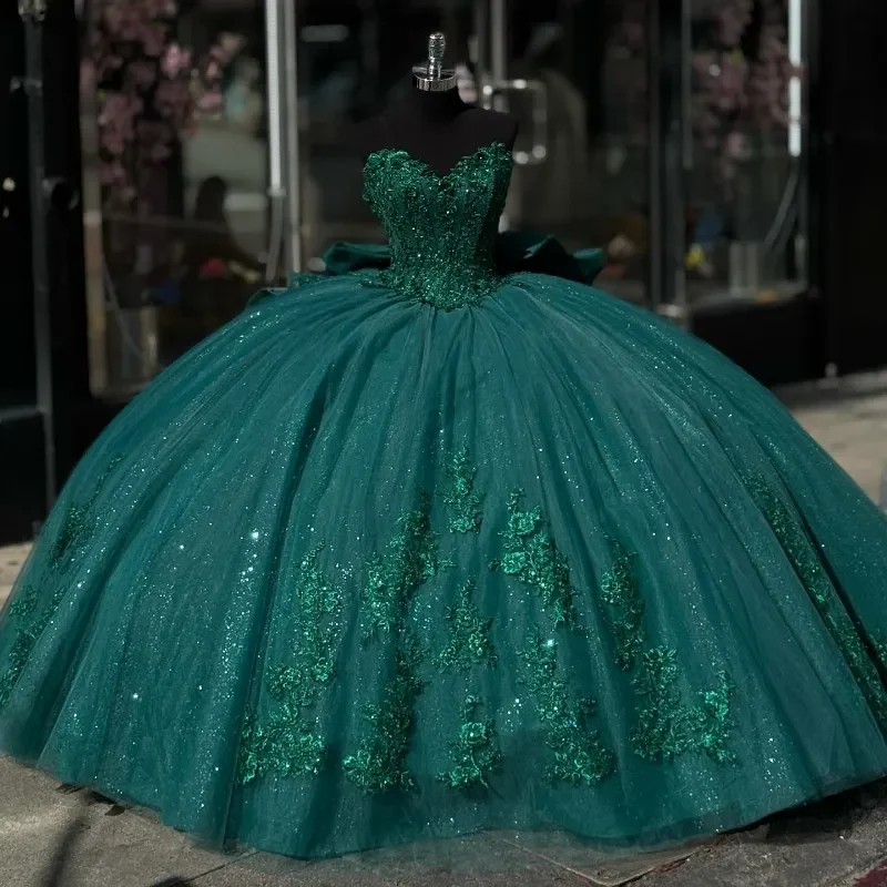 Green Appliques Lace Tull Ball Gown Quinceanera Dress Off The Shoulder Glitter Crystal Corset Dress fg5550