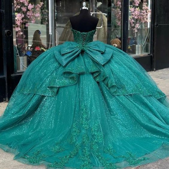 Green Appliques Lace Tull Ball Gown Quinceanera Dress Off The Shoulder Glitter Crystal Corset Dress fg5550 - Image 2