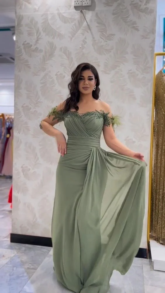 Green Evening Dress for Wedding Party Beaded Chiffon Long Sleeves Pleated Elegant A Line Prom Dresses fg4385