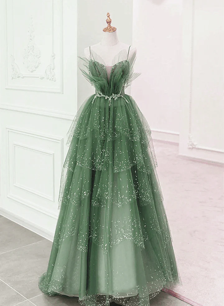Green Layers Tulle Straps Beaded Long Party Dress, Green Long Formal Dress     fg4491 - Image 2