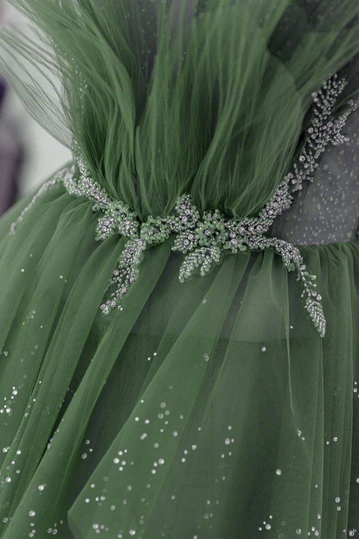 Green Layers Tulle Straps Beaded Long Party Dress, Green Long Formal Dress     fg4491 - Image 3