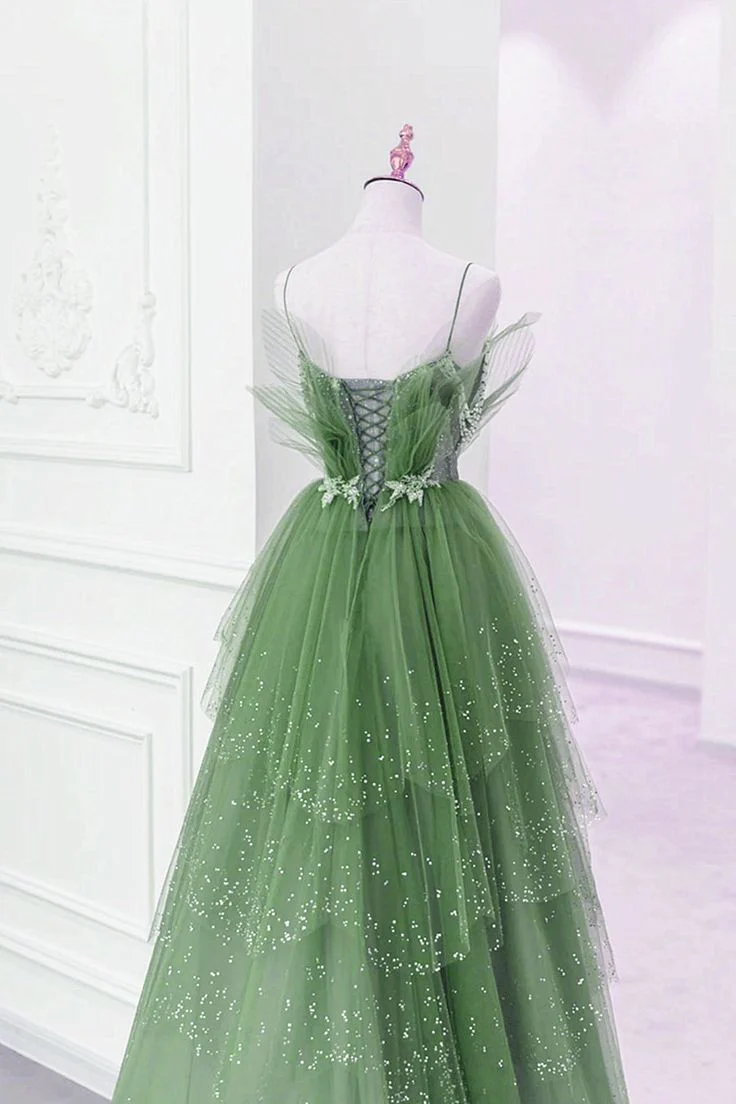 Green Layers Tulle Straps Beaded Long Party Dress, Green Long Formal Dress     fg4491 - Image 4