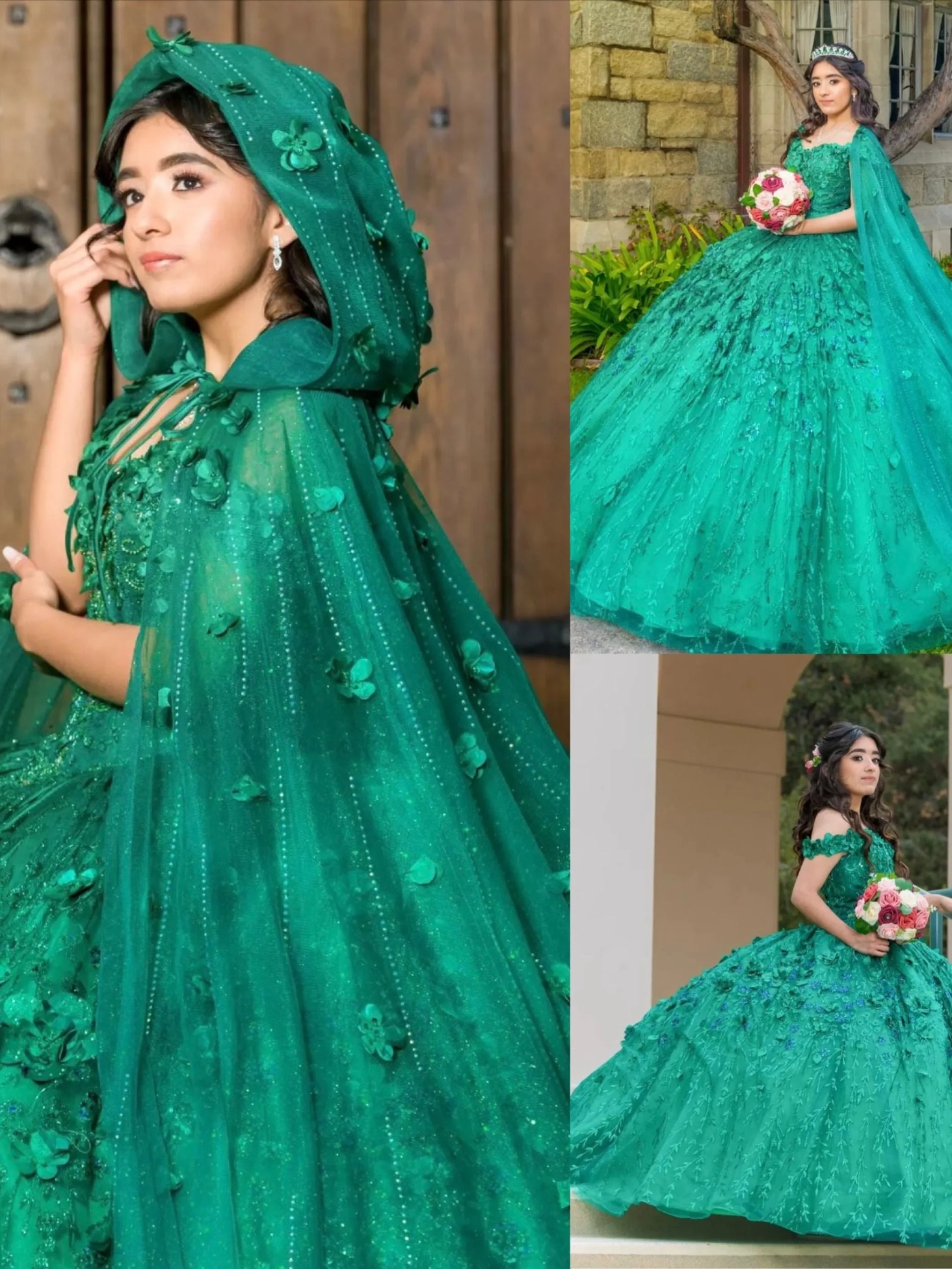 Green Sparkly Quinceanera Dresses With Cape Tassels Sweet 16 Dresses Ball Gown 3D Flowers Tulle Birthday Gowns     fg4570 - Image 2