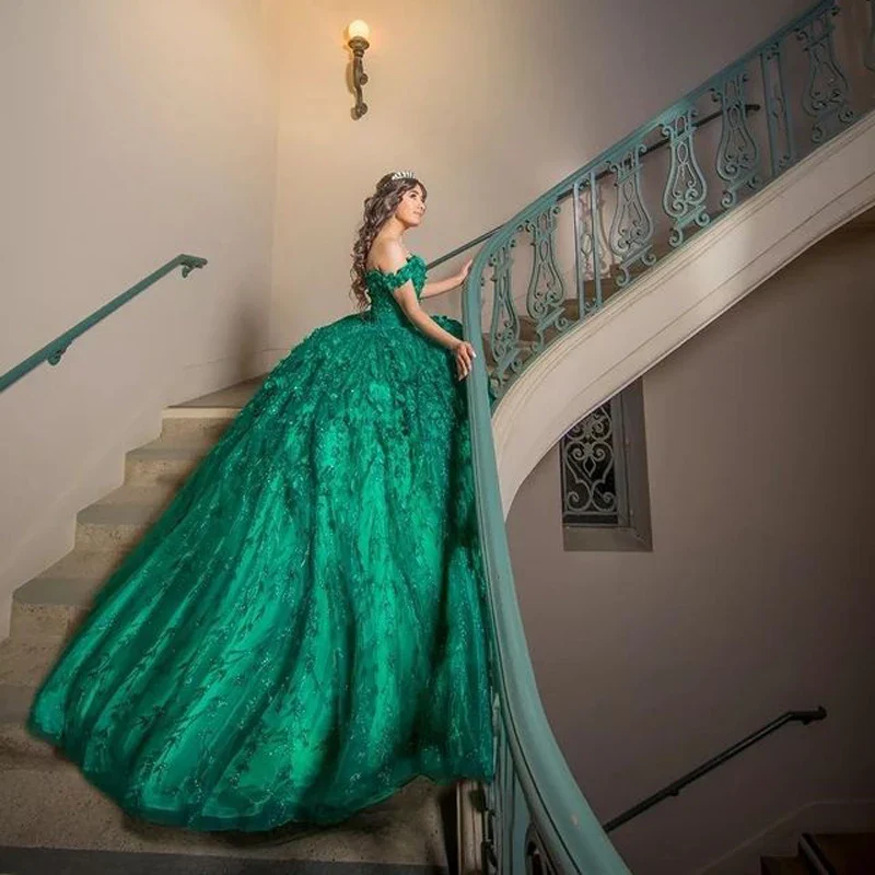 Green Sparkly Quinceanera Dresses With Cape Tassels Sweet 16 Dresses Ball Gown 3D Flowers Tulle Birthday Gowns     fg4570 - Image 3