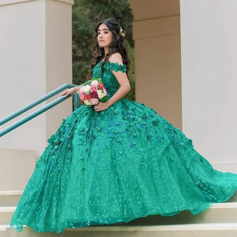 Green Sparkly Quinceanera Dresses With Cape Tassels Sweet 16 Dresses Ball Gown 3D Flowers Tulle Birthday Gowns     fg4570 - Image 4