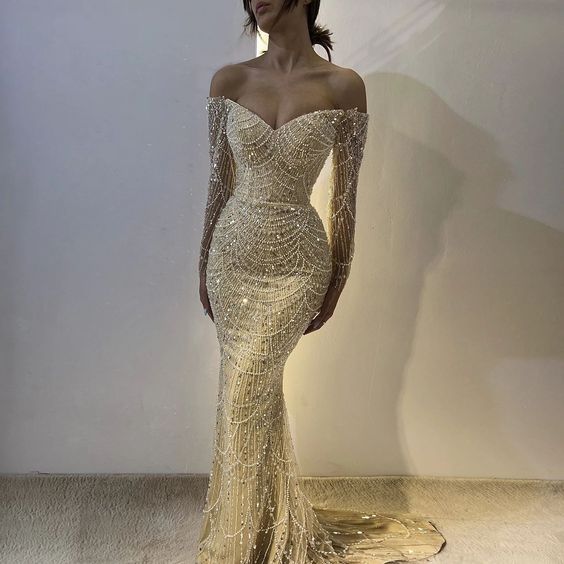 Luxury Dubai Evening Birthday Dress 2024 Beads Sequins Off-The-Shoulder Long Sleeves Mermaid Sweep Train Formal Prom Gowns   fg4572 - Image 2