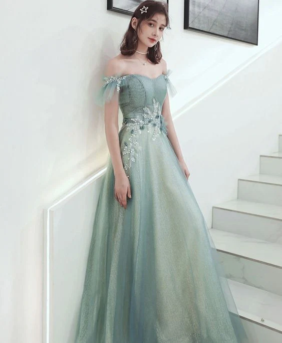 Green Tulle Lace Long Prom Dress, Green Tulle Formal Dress fg4189