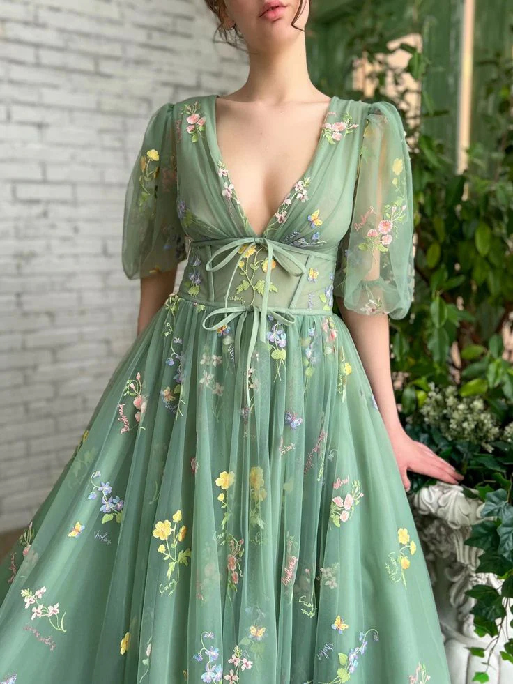 green v neck tulle lace long prom dress, green tulle formal dress fg4477 - Image 2