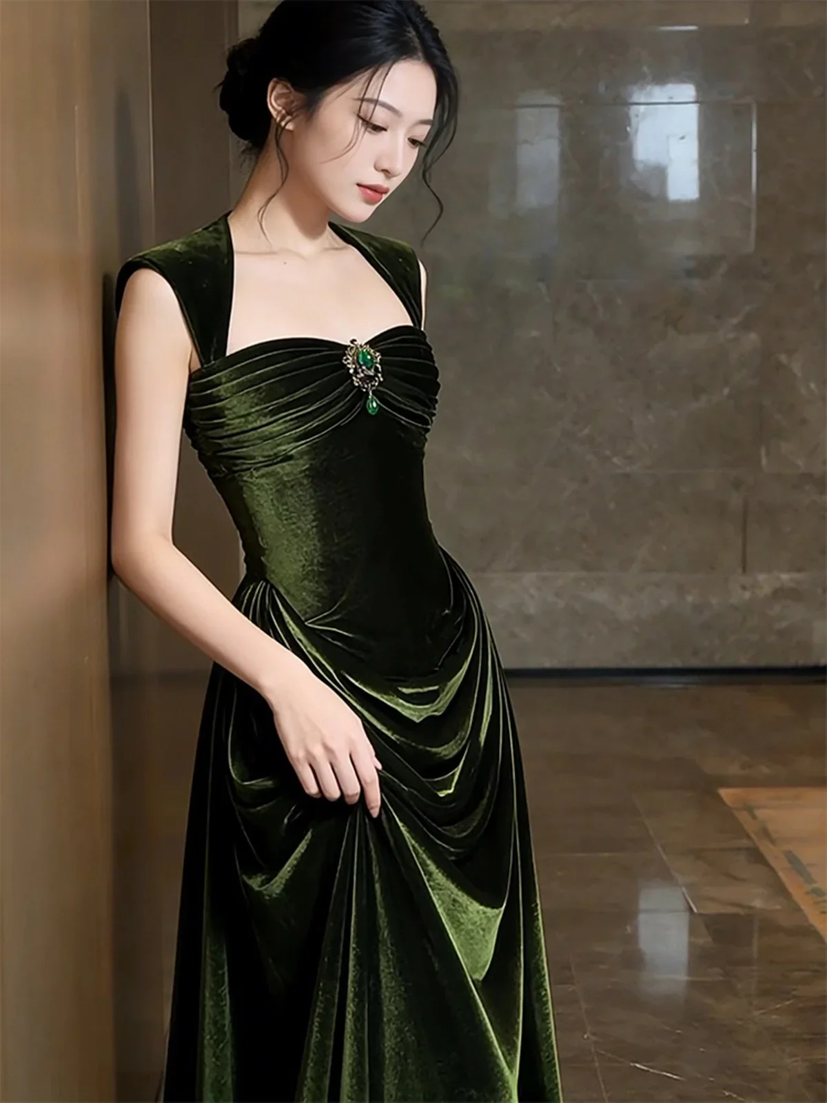 Green Velvet Sweetheart Long Prom Dress, Green Velvet Wedding Party Dress Formal Dress fg8721 - Image 4