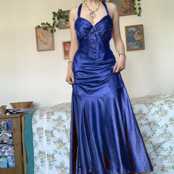 Halter A Line Satin Long Prom Dress Vintage Formal Party Dress fg5843 - Image 3