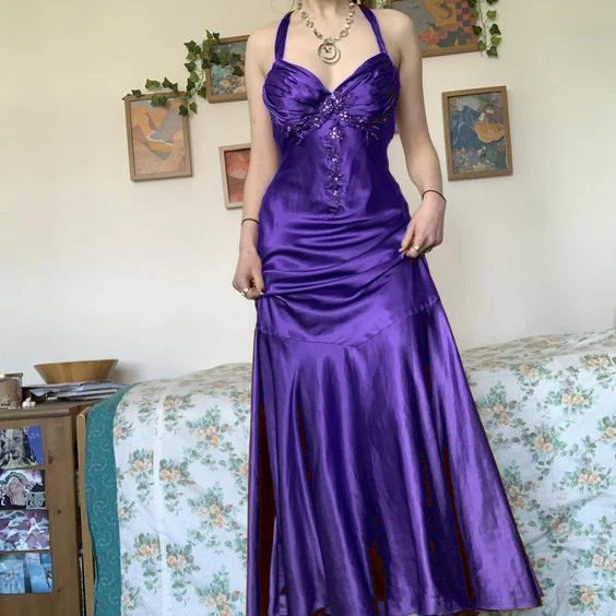 Halter A Line Satin Long Prom Dress Vintage Formal Party Dress fg5843 - Image 4