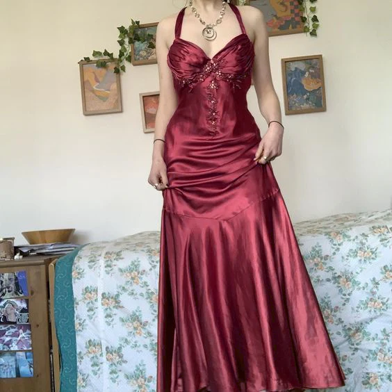 Halter A Line Satin Long Prom Dress Vintage Formal Party Dress fg5843 - Image 5