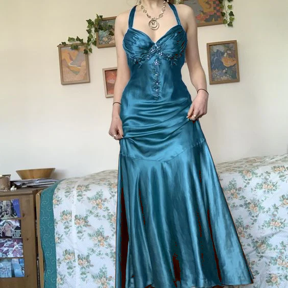 Halter A Line Satin Long Prom Dress Vintage Formal Party Dress fg5843 - Image 8