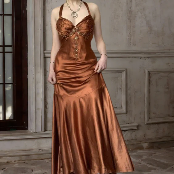 Halter A Line Satin Long Prom Dress Vintage Formal Party Dress fg5843 - Image 9