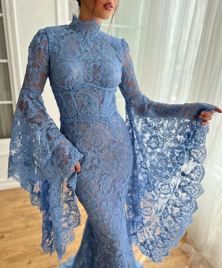 High Neck Mermaid Evening Dress for Women Flare Sleeves Blue Lace Long Prom Dresses fg7571 - Image 3