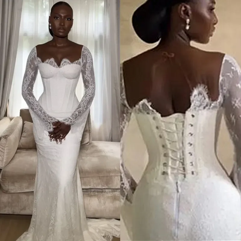 White Mermaid Wedding Dress Elegant African Lace Long Sleeves Bridal Gown fg7219 - Image 3
