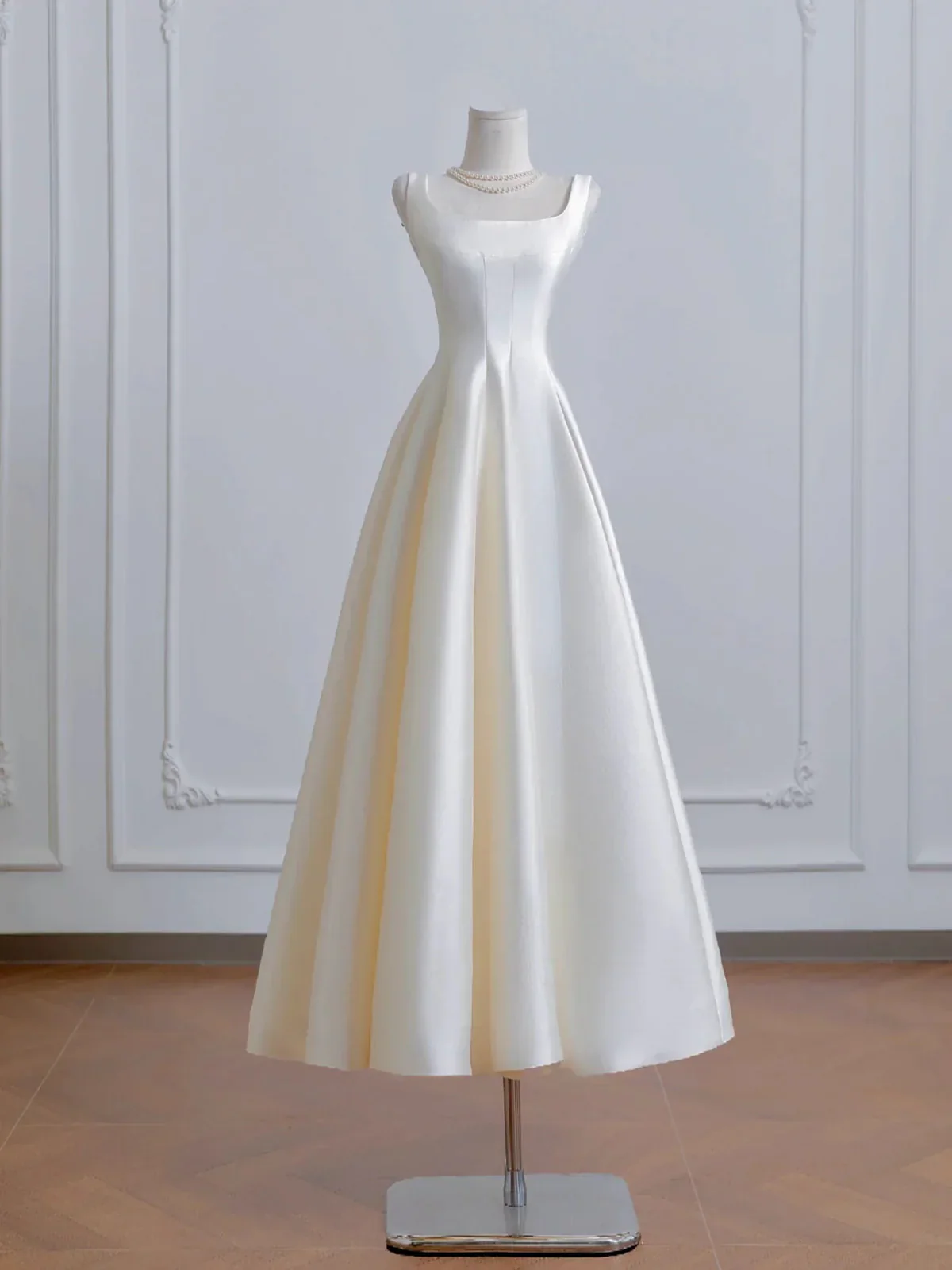 Ivory Satin Tea Length Simple Style Wedding Party Dress, Ivory Satin Prom Dress Formal Dress fg8731