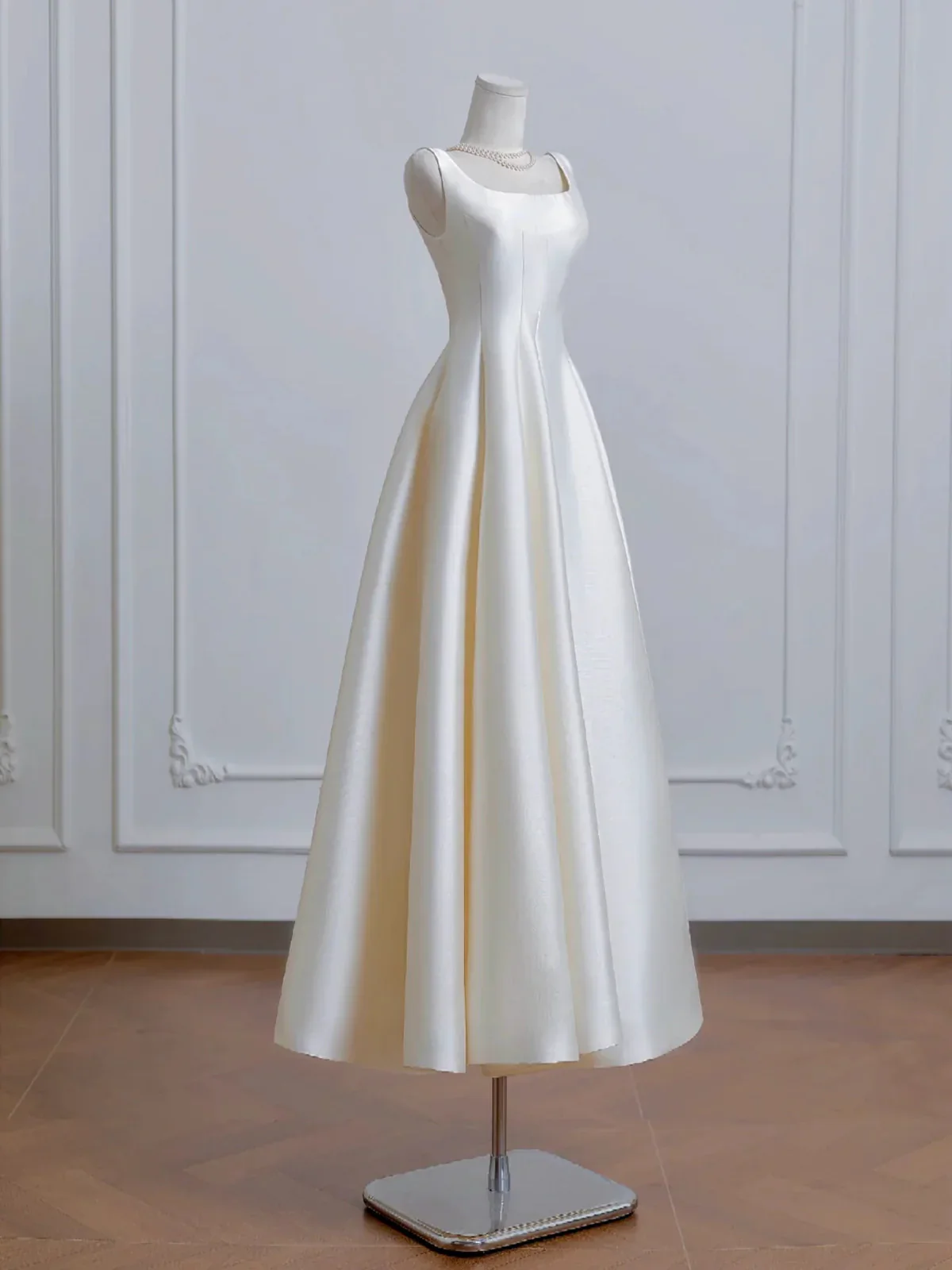Ivory Satin Tea Length Simple Style Wedding Party Dress, Ivory Satin Prom Dress Formal Dress fg8731 - Image 2