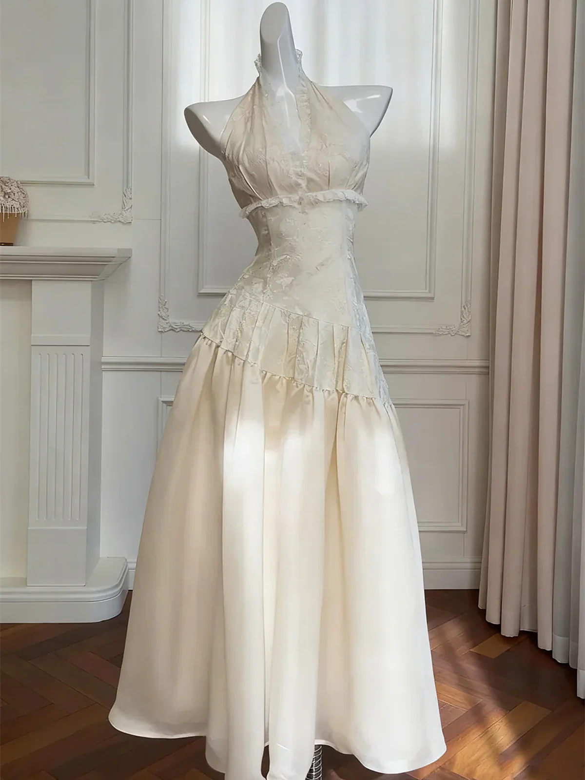 Ivory V-neckline Halter Long Prom Dress, Retro Lace Party Dress Formal Dress fg8748
