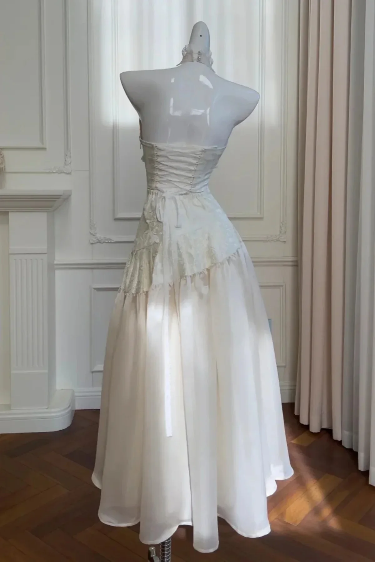 Ivory V-neckline Halter Long Prom Dress, Retro Lace Party Dress Formal Dress fg8748 - Image 2