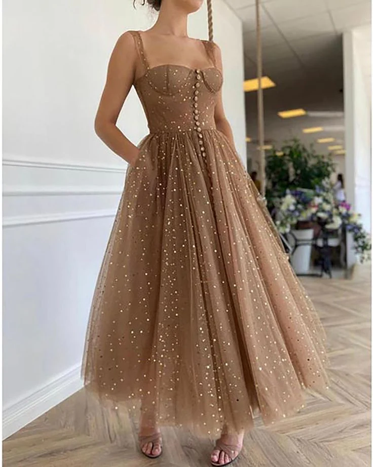 Khaki Vintage Tea Length Sweetheart Tulle Prom Dress       fg3670 - Image 3