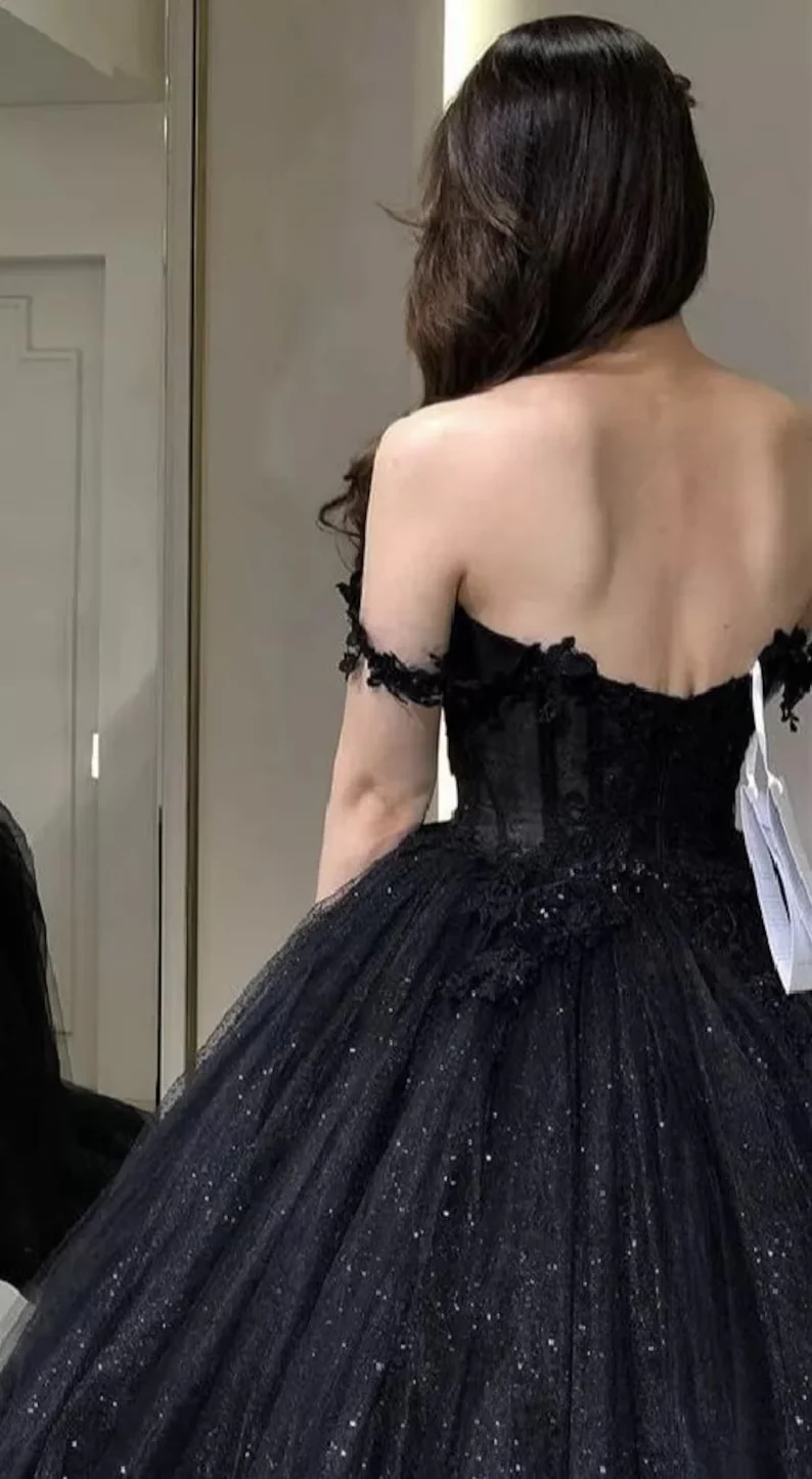 Lace Applique Tulle Dress, Black Glitter Wedding Dress, 3D Flowers Long Evening Gown     fg2942 - Image 3