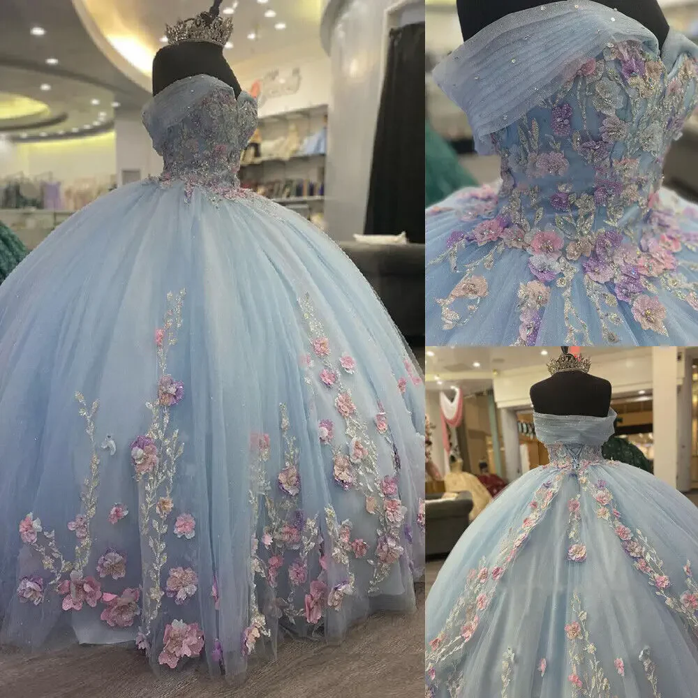 Light Blue Puffy Ball Gown Quinceanera Dresses Off Shoulder Flower Corset Sweet 16 Dress     fg5683 - Image 2