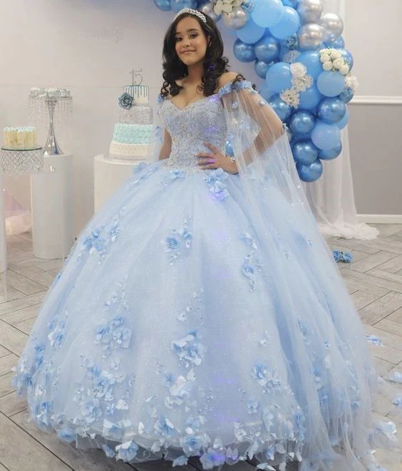 Light Blue Quinceanera Dress Off Shoulder 3D Flowers Beads Puffy Party Princess Sweet 16 Gown,Light Blue Ball Gown fg4045 - Image 2