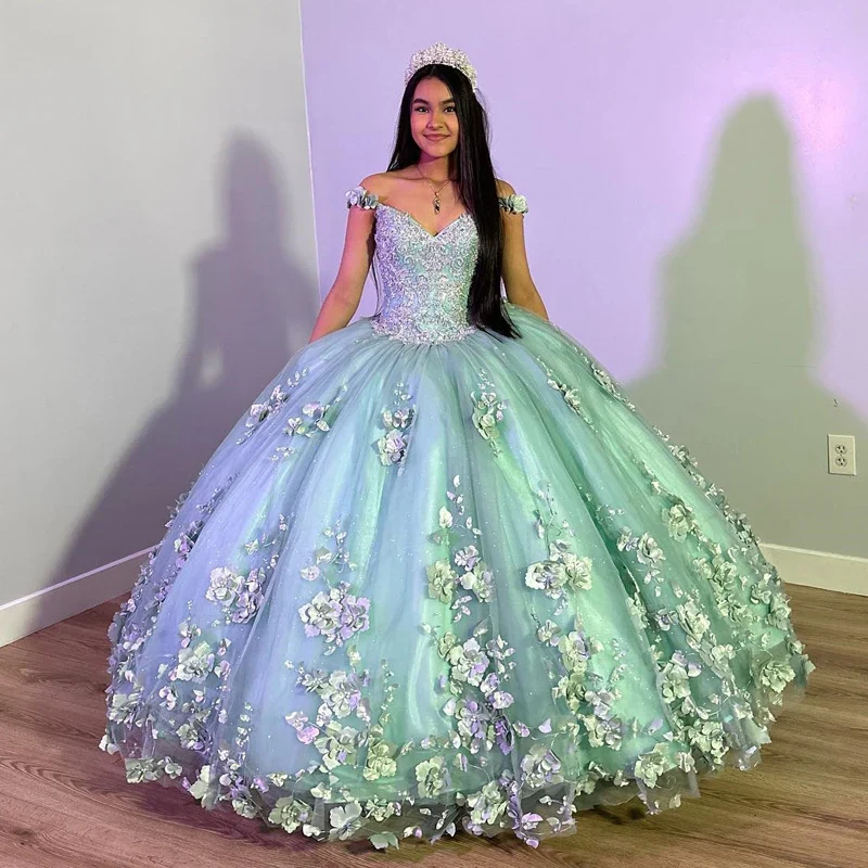 Light Green Quinceanera Dress with 3D Flowers Sleeveless Cape Ball Gown Corset Vestido De 15 Anos     fg5534 - Image 2