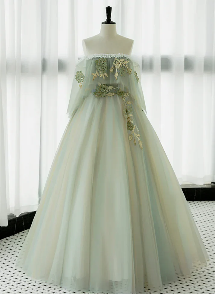Light Green Strapless A-line Tulle Prom Dress,Unique Evening Dresses fg8574