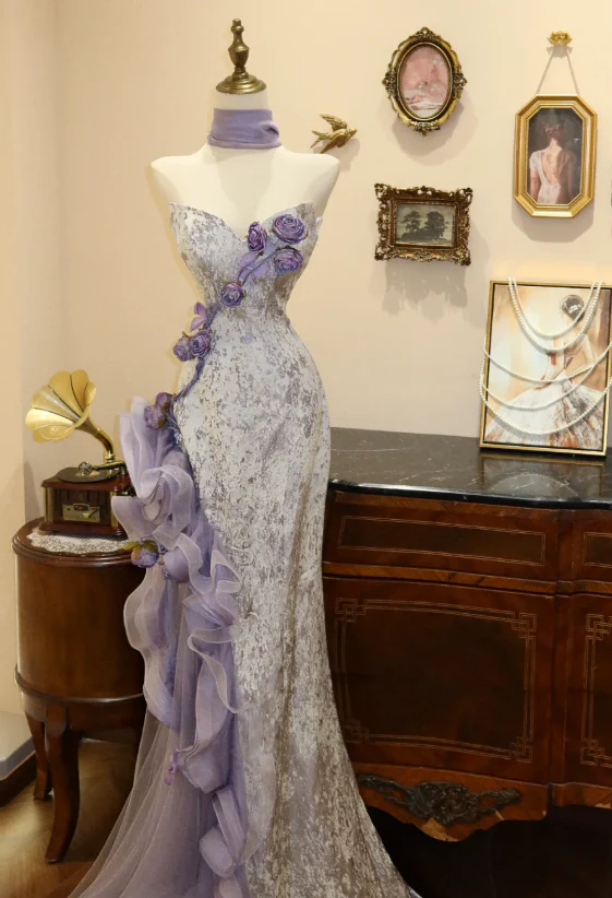 Lilac Mermaid Prom Party Dress With 3d Flowers Classy 21st Birthday Outfit fg8682