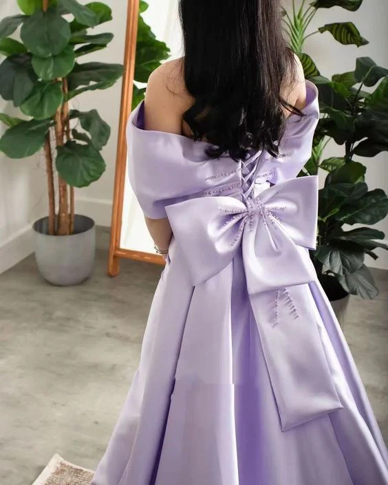Lilac Pearls Evening Birthday Dress 2024 Off-The-Shoulder Mermaid Sweep Train Bow Satin Formal Prom Gowns       fg4285 - Image 2