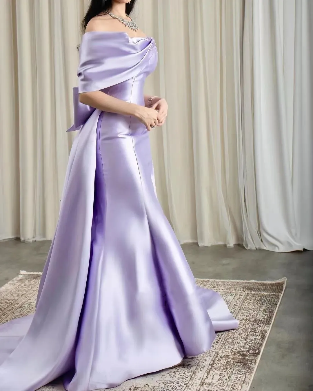 Lilac Pearls Evening Birthday Dress 2024 Off-The-Shoulder Mermaid Sweep Train Bow Satin Formal Prom Gowns       fg4285 - Image 3