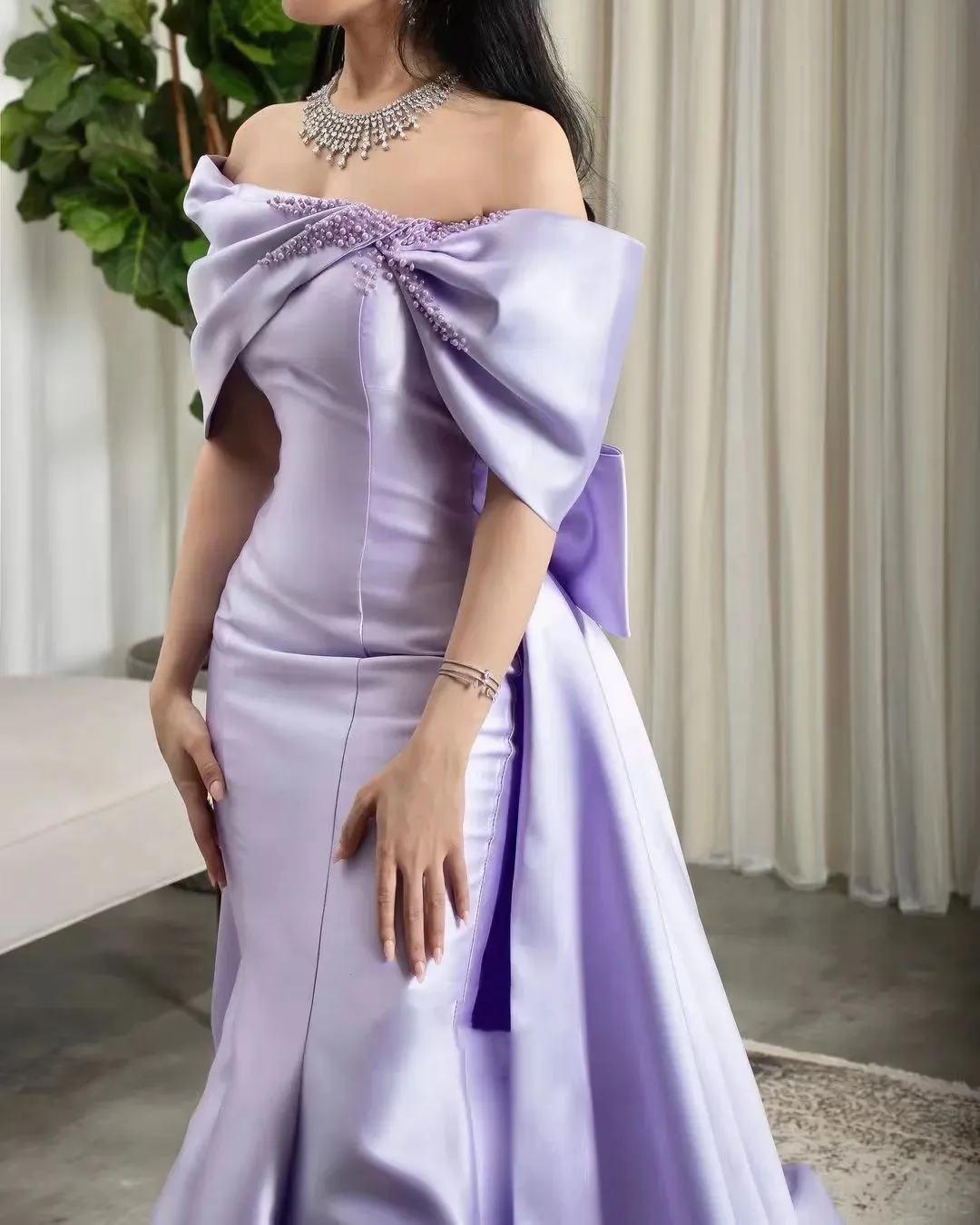 Lilac Pearls Evening Birthday Dress 2024 Off-The-Shoulder Mermaid Sweep Train Bow Satin Formal Prom Gowns       fg4285 - Image 4