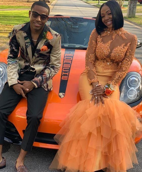 Long Sleeves High Neck African Prom Dress Lace Appliques Beaded Tiered Tulle Floor Length Prom Dresses fg2305