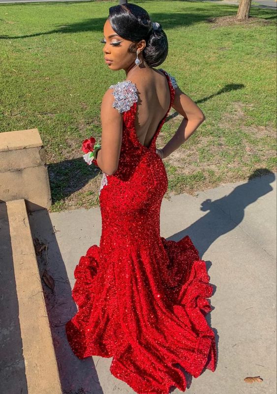 Long Sparkle Sequins Red Prom Dresses Formal Evening Gowns      fg3157 - Image 2