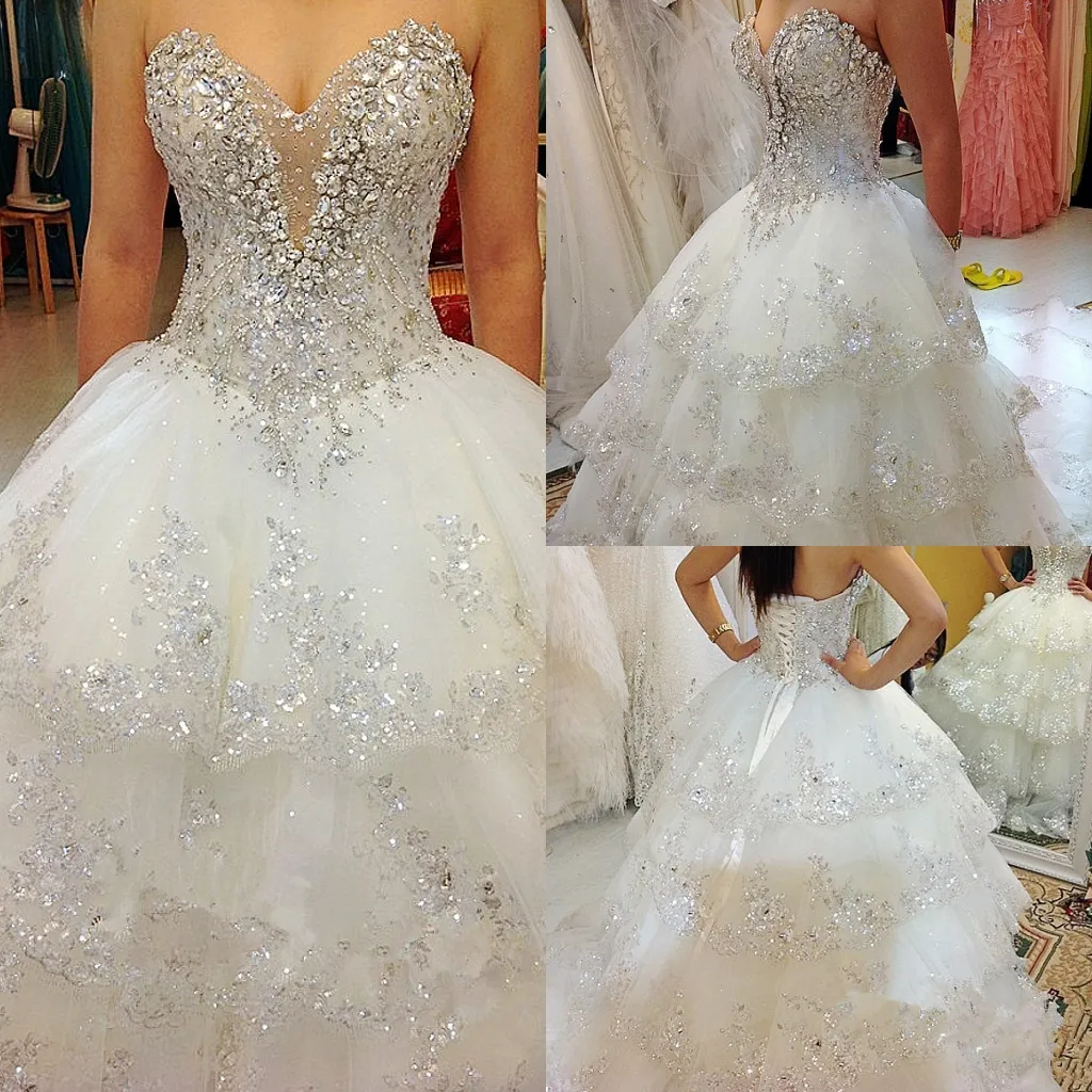 Luxury Ball Gown Fluffy Wedding Dresses Plus Size Tulle Lace Crystal Diamond Wedding Gowns     fg4424 - Image 2